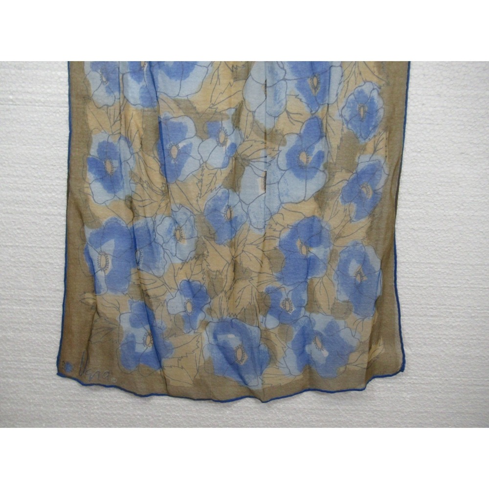 Vintage 60s Vera Neumann Silk Chiffon Scarf Floral Sheer Blue/Brown Rectangle